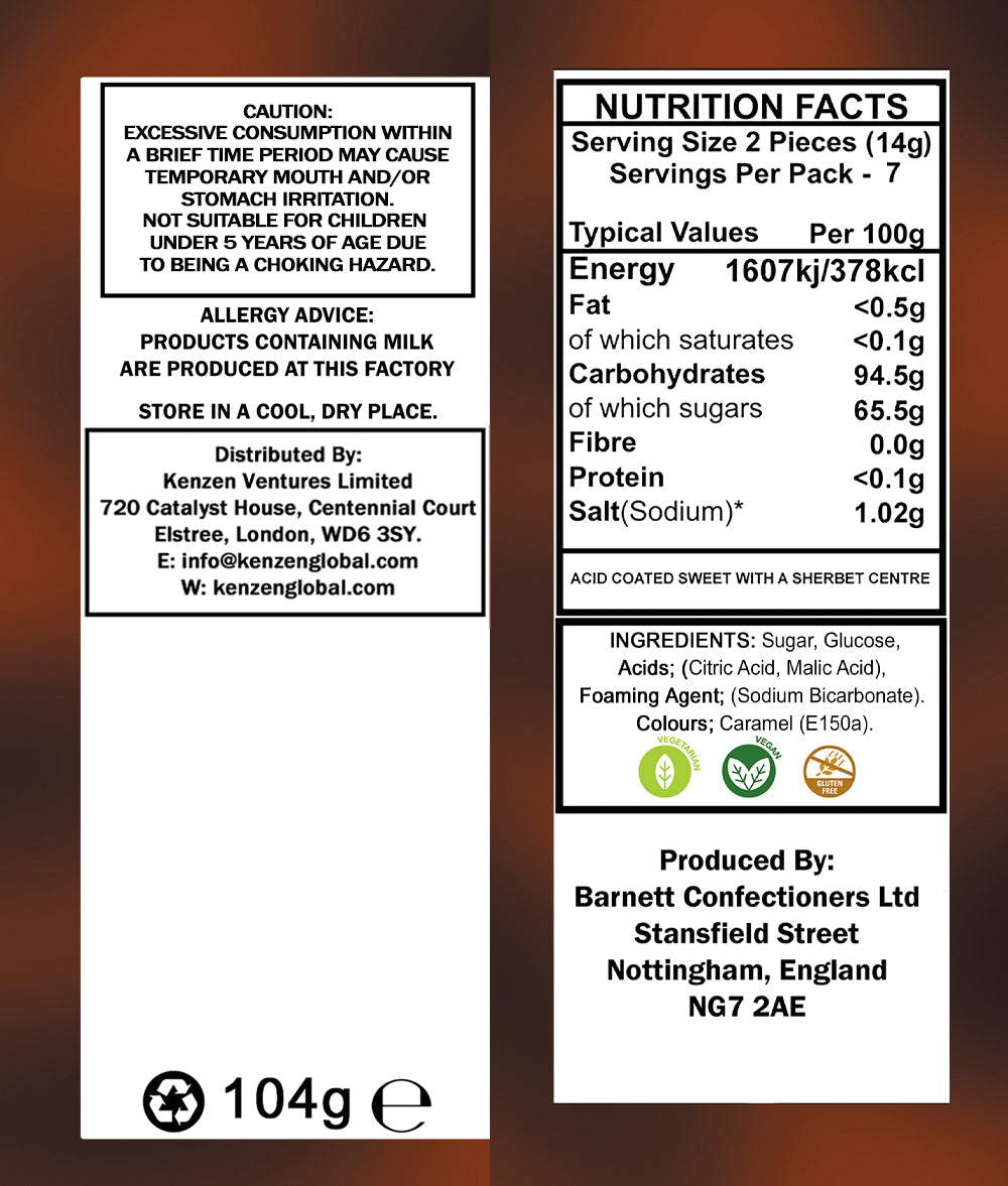 Barnett Sweets Mega Sour Candy Cola 104g (Box of 180 Bags)