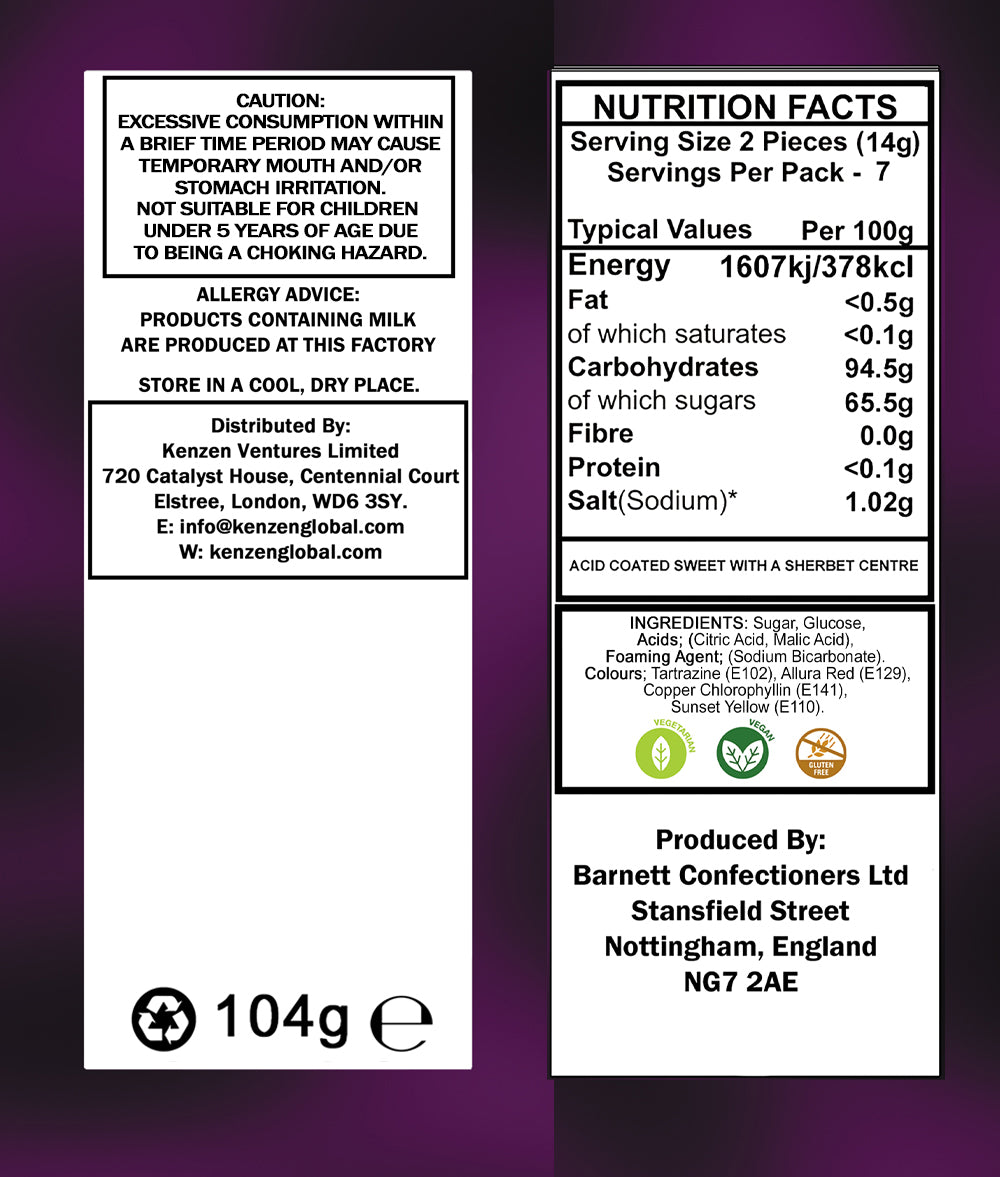 Barnett Sweets Mega Sour Candy Fruits 104g (Box of 180 Bags)