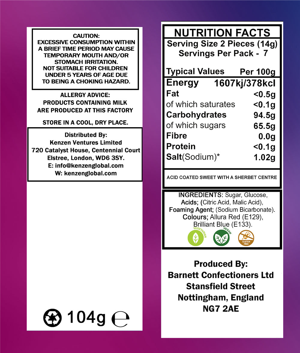 Barnett Sweets Mega Sour Candy Bubblegum 104g (Box of 180)