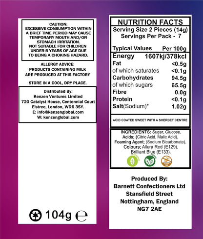 Barnett Sweets Mega Sour Candy Bubblegum 104g (Box of 180)