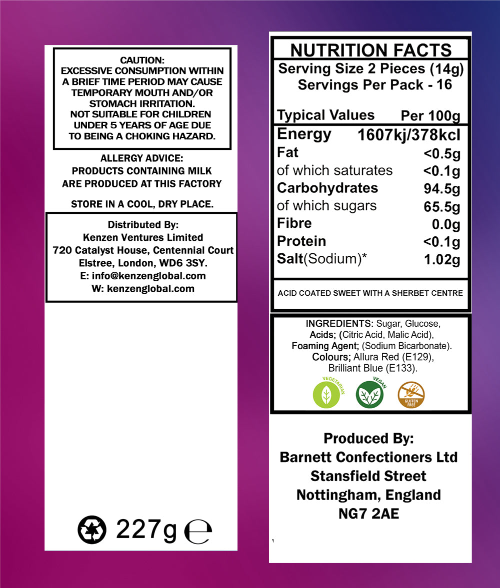 Barnett Sweets Mega Sour Candy Bubblegum 227g (1/2LB - Box of 9)