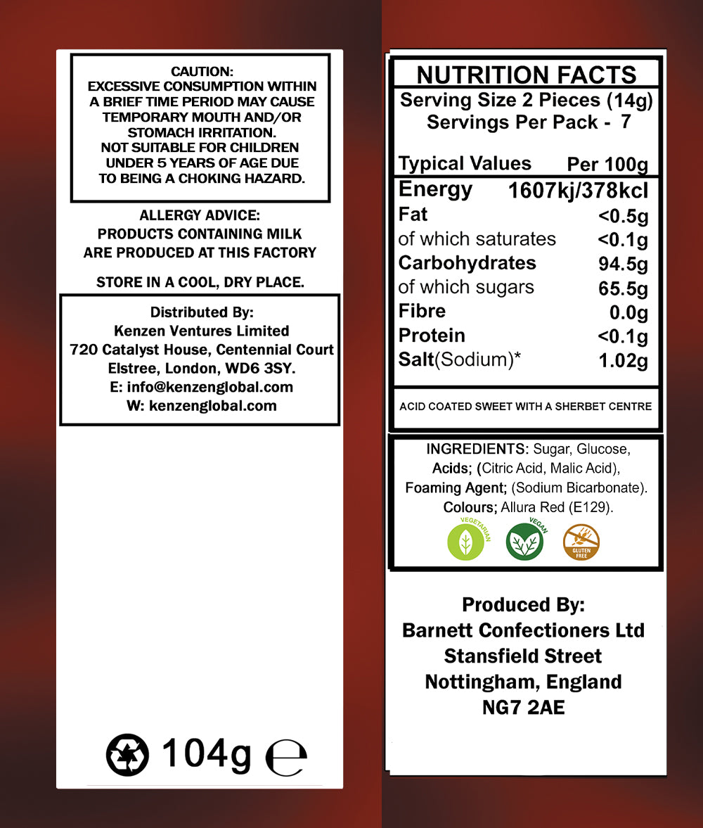 Barnett Sweets Mega Sour Candy Cherry 104g (Box of 12)