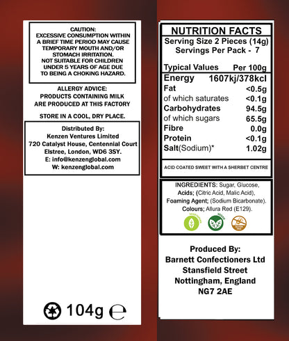Barnett Sweets Mega Sour Candy Cherry 104g (Box of 12)