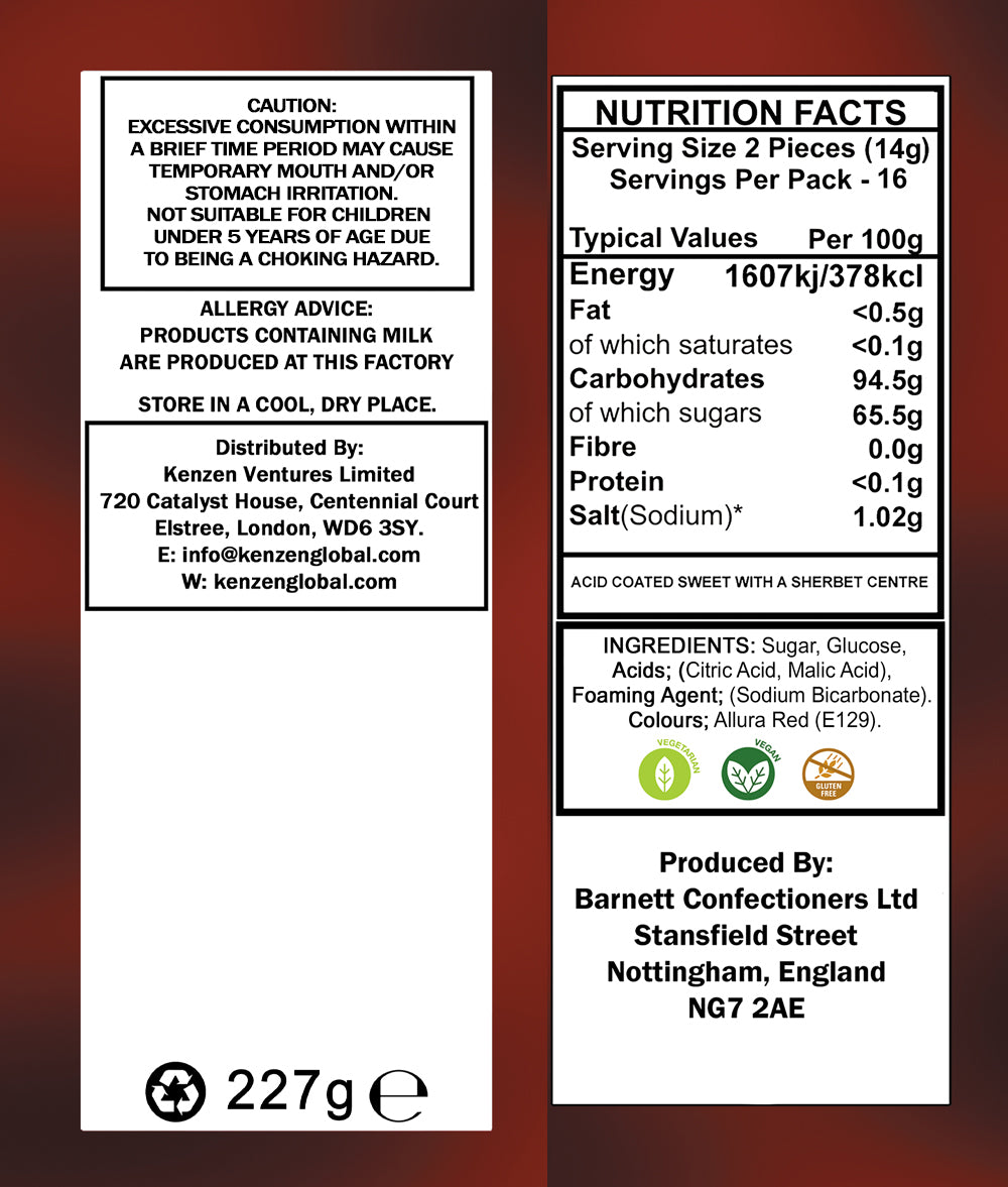 Barnett Sweets Mega Sour Candy Cherry 227g (1/2LB - Box of 9)