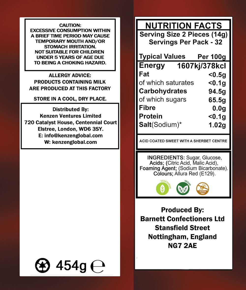 Barnett Sweets Mega Sour Candy Cherry 454g (1Lb - Box of 6)