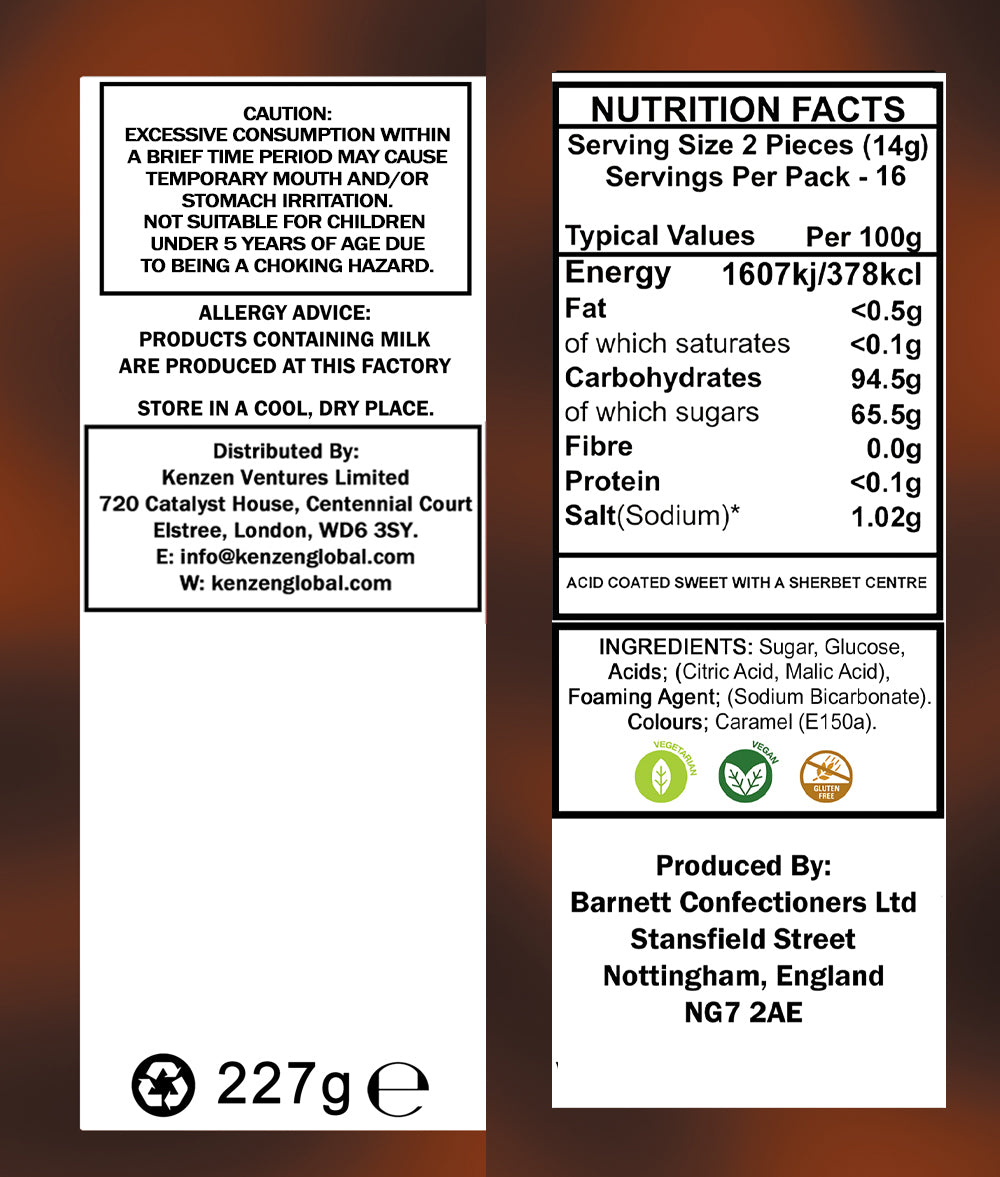 Barnett Sweets Mega Sour Candy Cola 227g (1/2LB - Box of 9)