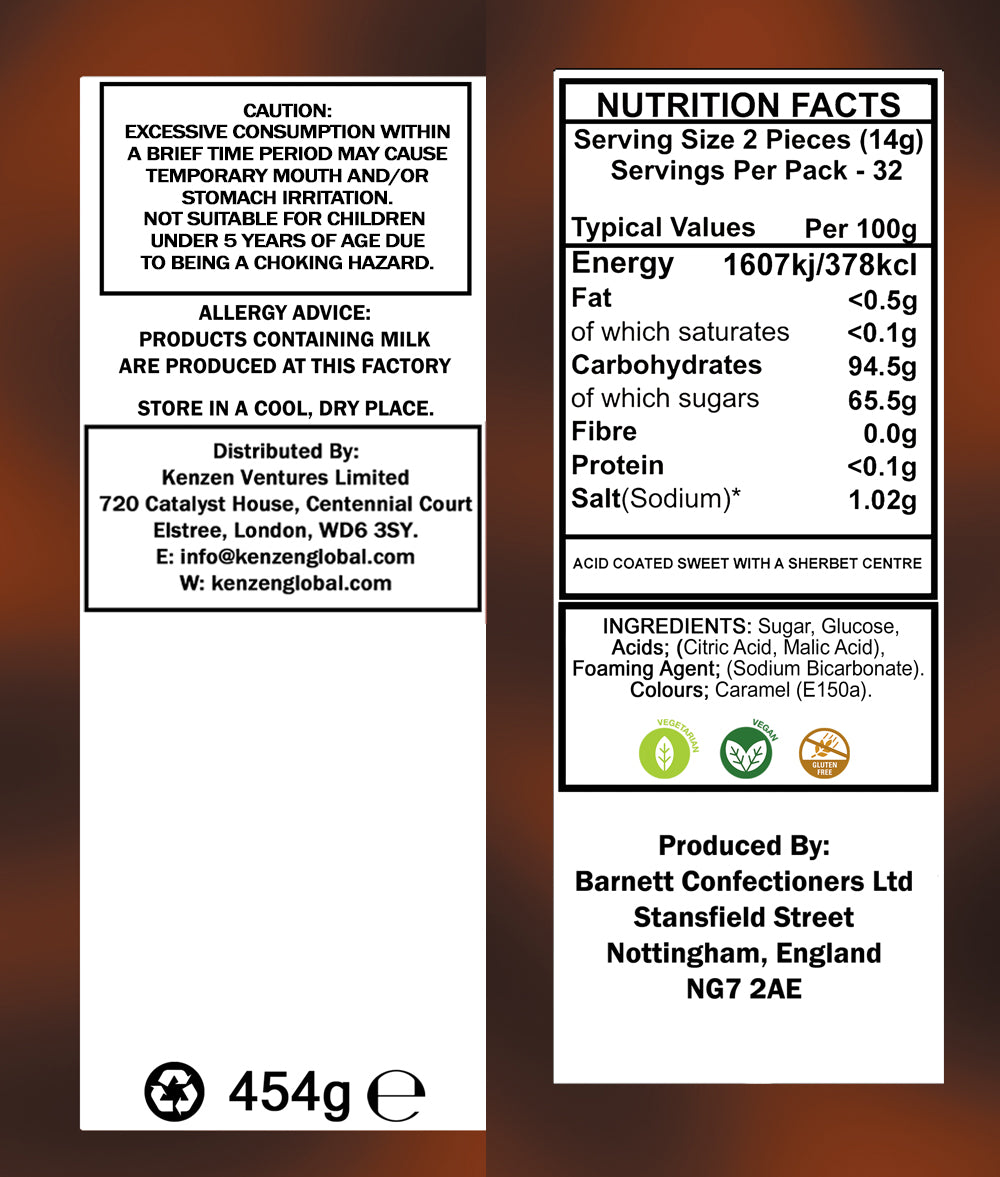 Barnett Sweets Mega Sour Candy Cola 454g (1Lb - Box of 6)