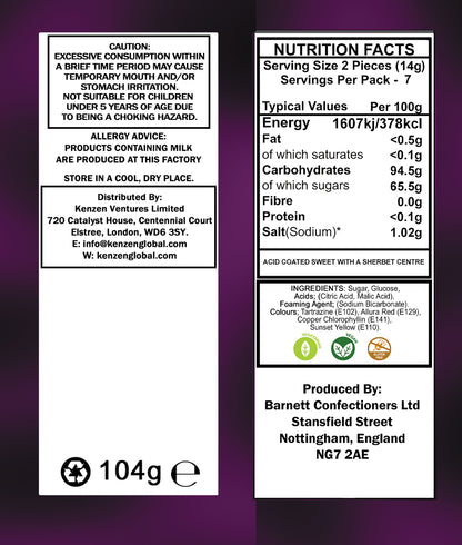 Barnett Sweets Mega Sour Candy Fruits 104g (Box of 12)