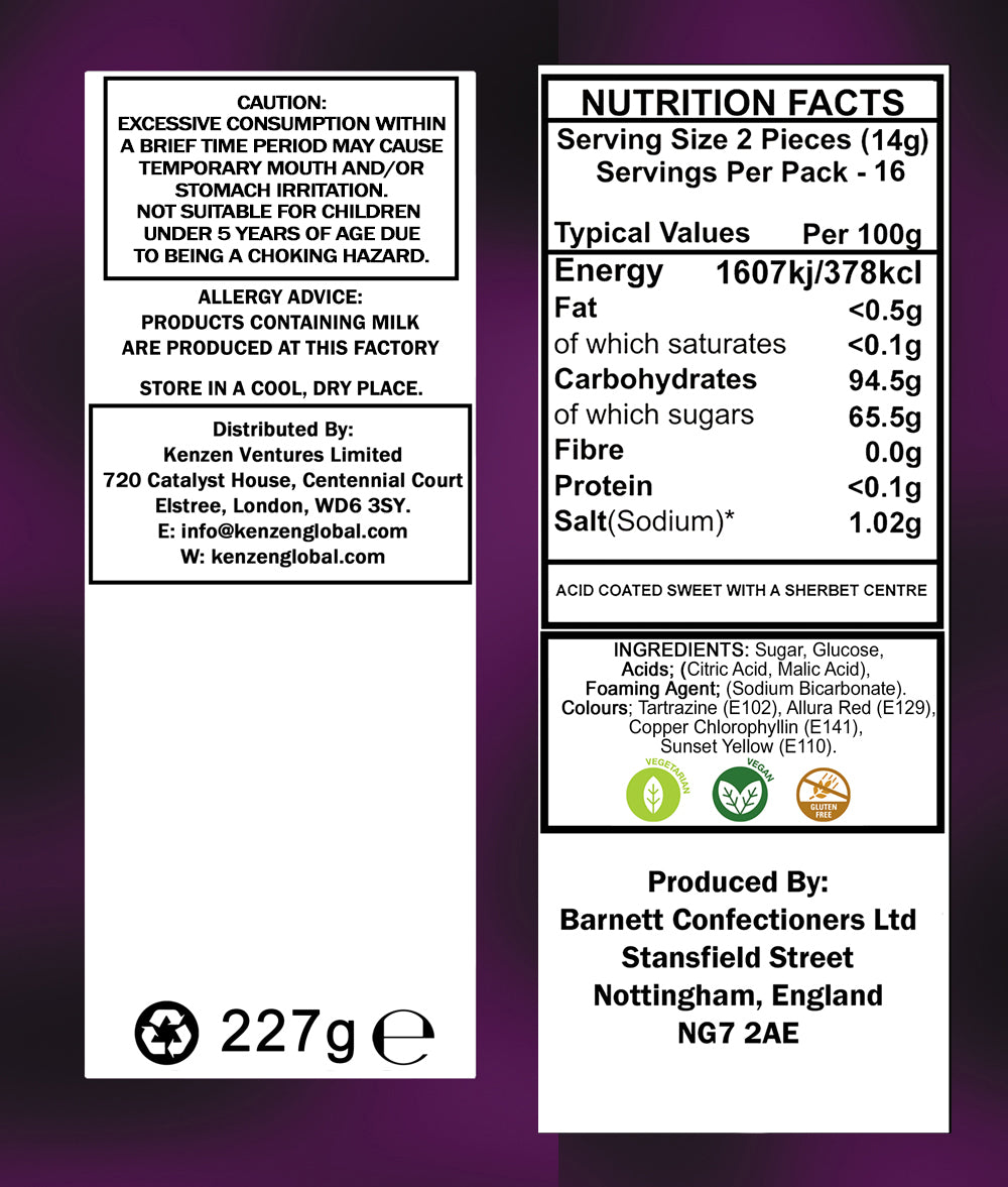 Barnett Sweets Mega Sour Candy Fruits 227g (1/2LB - Box of 9)