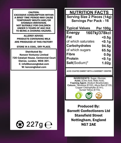 Barnett Sweets Mega Sour Candy Fruits 227g (1/2LB - Box of 9)