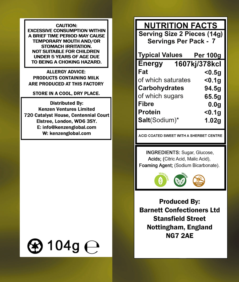 Barnett Sweets Mega Sour Candy Lemon 104g (Box of 12)