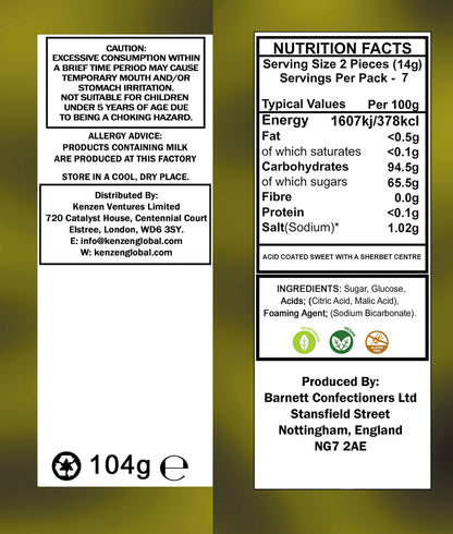 Barnett Sweets Mega Sour Candy Lemon 104g (Box of 12)