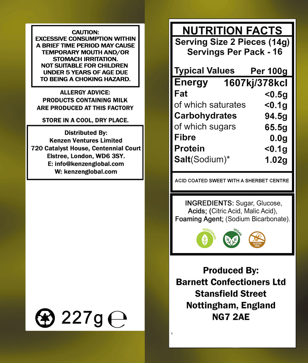 Barnett Sweets Mega Sour Candy Lemon 227g (1/2LB - Box of 9)