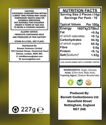 Barnett Sweets Mega Sour Candy Lemon 227g (1/2LB - Box of 9)