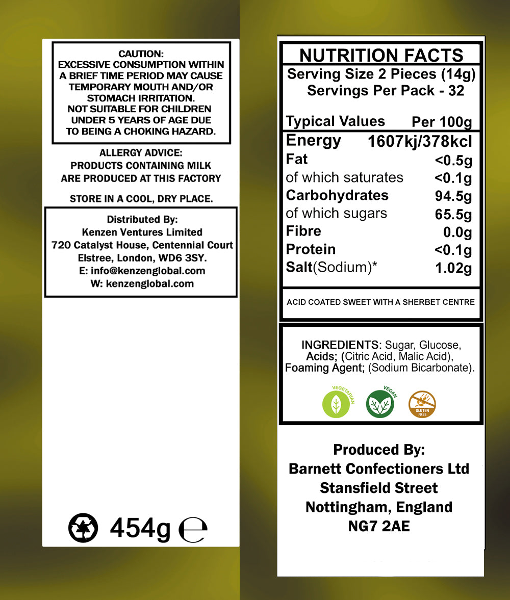 Barnett Sweets Mega Sour Candy Lemon 454g (1Lb - Box of 6)