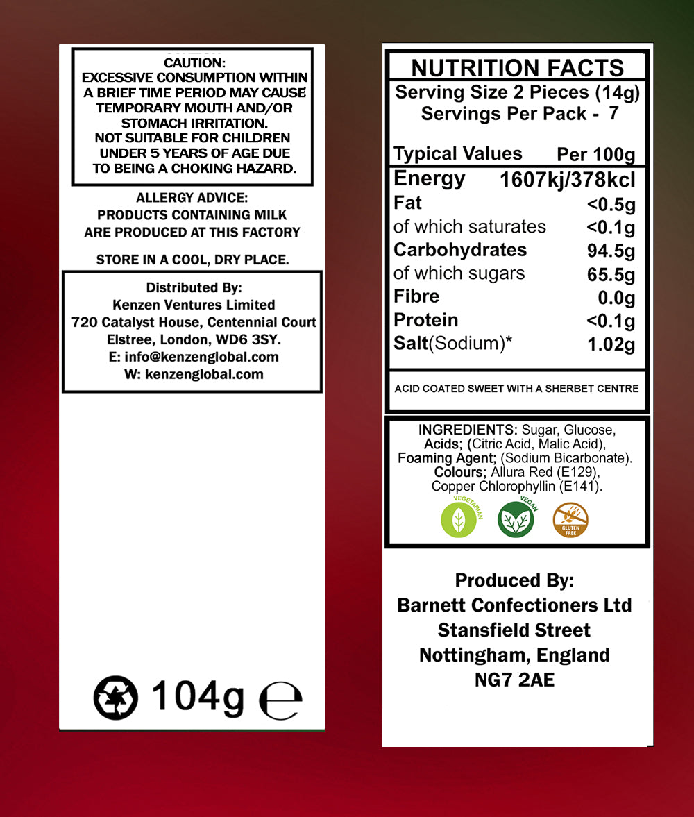 Barnett Sweets Mega Sour Candy Watermelon 104g (Box of 12)