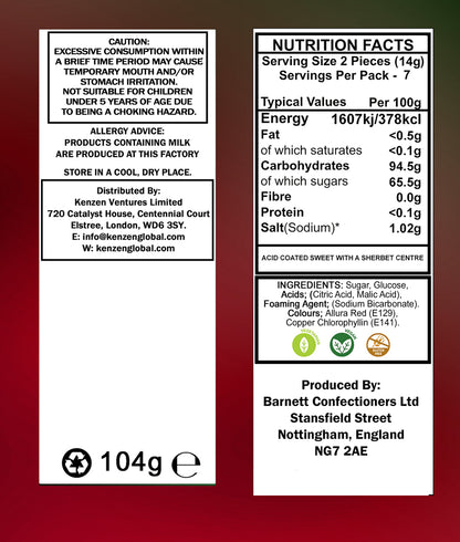 Barnett Sweets Mega Sour Candy Watermelon 104g (Box of 12)