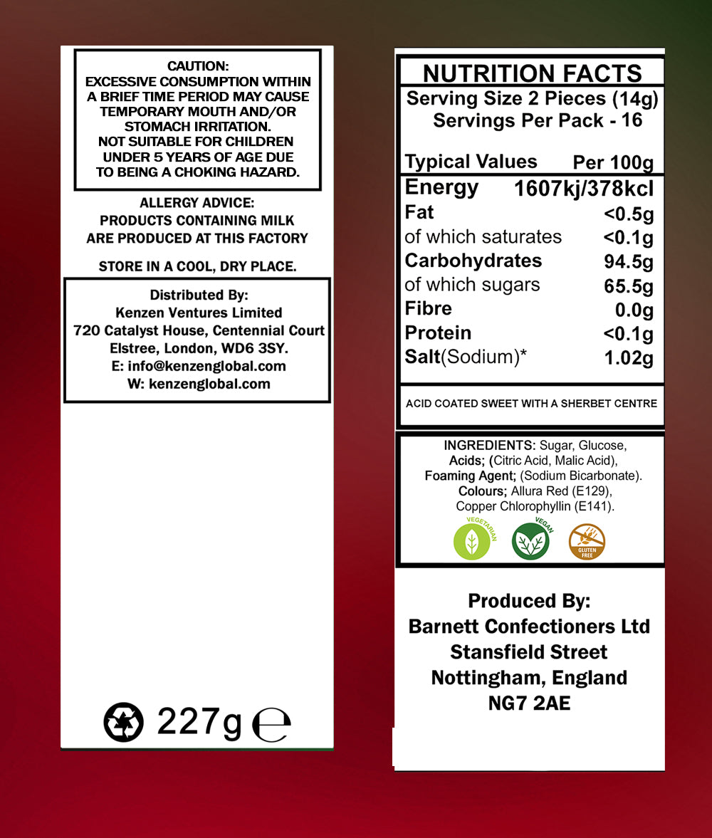 Barnett Sweets Mega Sour Candy Watermelon 227g (1/2LB - Box of 9)